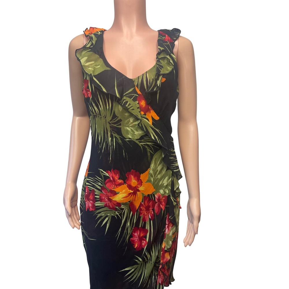 Joseph Ribkoff Chiffon Floral Midi Dress Black Tropical Ruffle Vacation Size 6